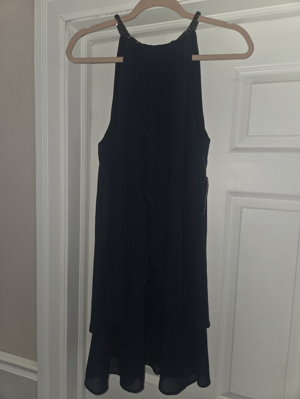 SLNY Navy Beaded Halter High-Low Dress